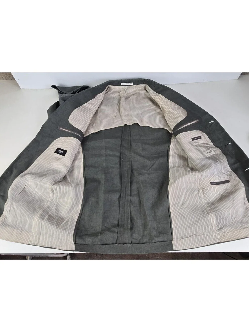 Hugo Boss BOSS Solbiati 100% Linen Blazer 42L Sage Green Sport Coat Jacket Flaws